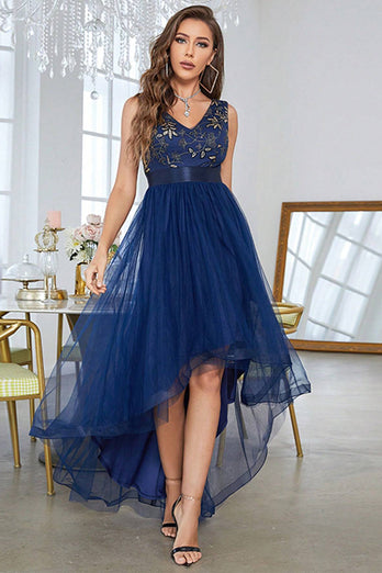 Dark Blue Asymmetrical A-Line V-Neck Prom Dress With Sleeveless