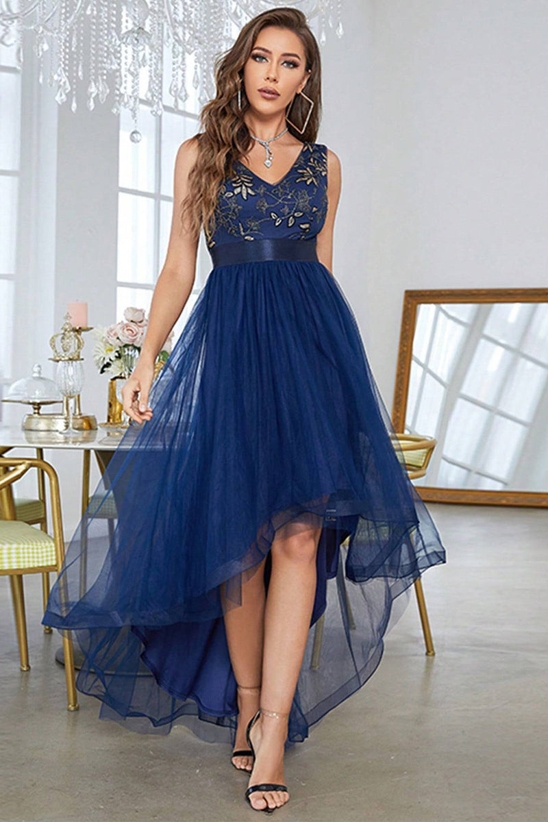 Load image into Gallery viewer, Dark Blue Asymmetrical A-Line V-Neck Prom Dress With Sleeveless