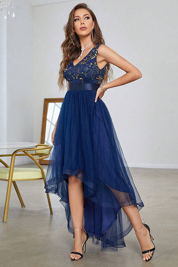 Dark Blue Asymmetrical A-Line V-Neck Prom Dress With Sleeveless