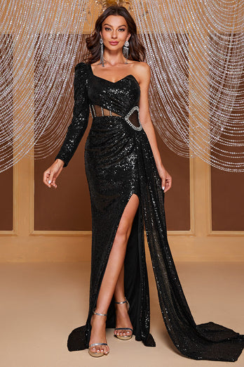 Mermaid One Shoulder Black Long Sequin Prom Dress with Split