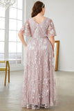 Grey Pink A-Line V-Neck Embroidered Plus Size Prom Dress