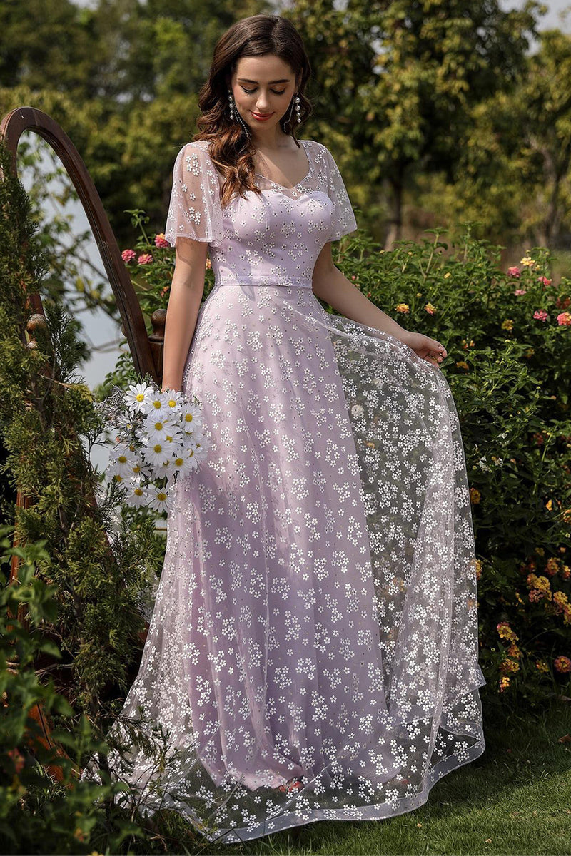 Load image into Gallery viewer, Lilac A line Tulle Prom Dress with Floral Print