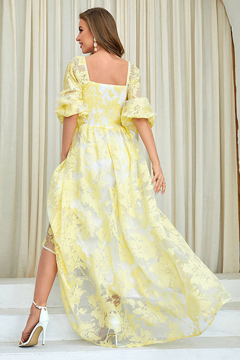 Load image into Gallery viewer, Yellow Print A Line Prom Dress with Puff Sleeves