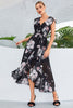 Load image into Gallery viewer, Black A-Line V-Neck Floral Print Chiffon Party Dress