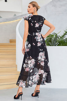 Black A-Line V-Neck Floral Print Chiffon Party Dress