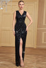 Load image into Gallery viewer, Black Sheath V Neck Sparkly Sequin Evening Dress With Front Slit