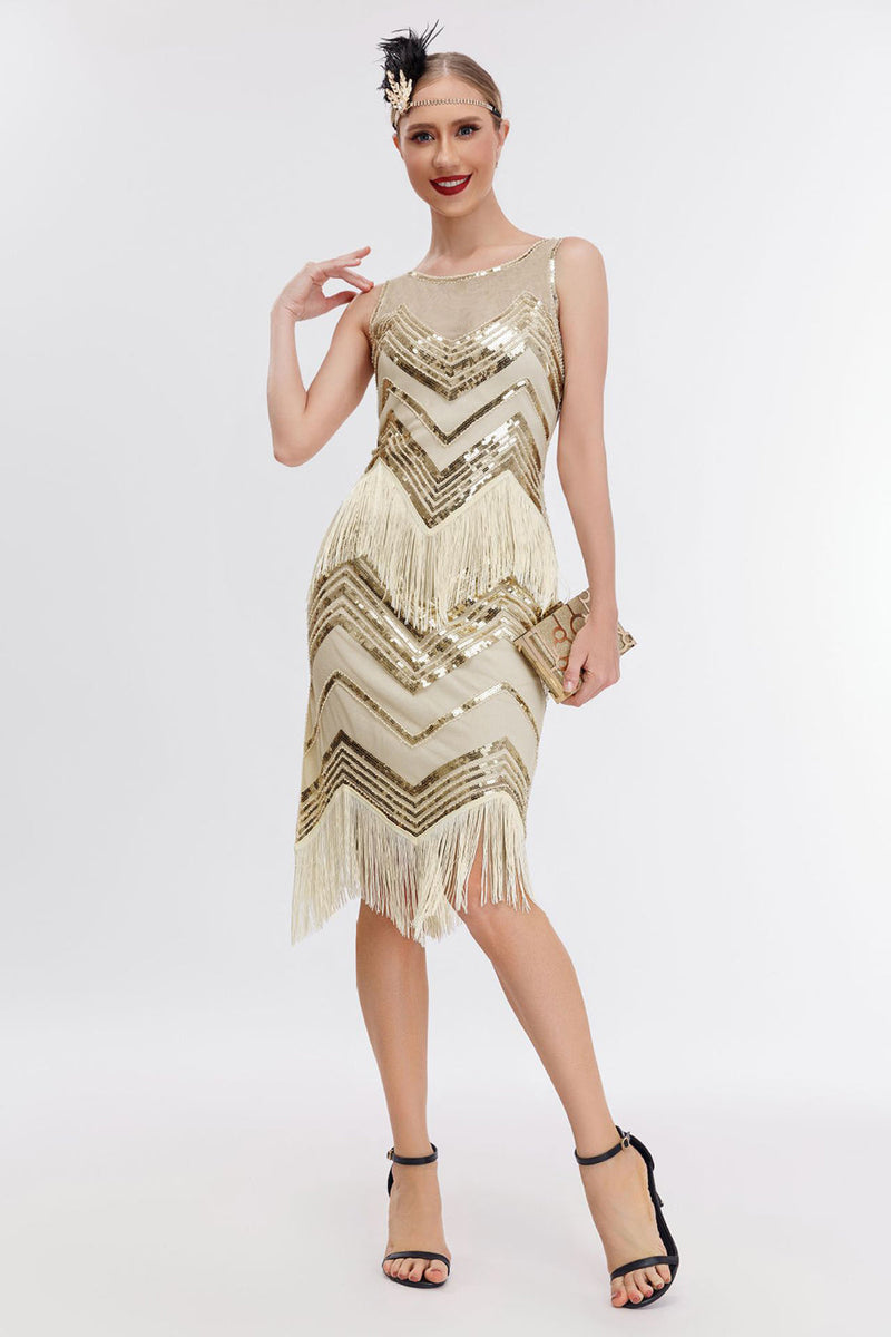 Load image into Gallery viewer, Sparkly Champagne Sequins Fringed 1920s Gatsby Dress