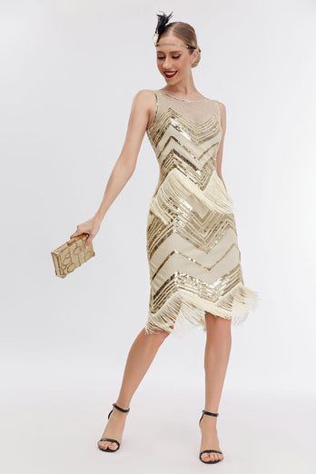 Sparkly Champagne Sequins Fringed 1920s Gatsby Dress