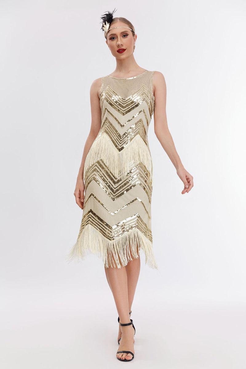 Load image into Gallery viewer, Sparkly Champagne Sequins Fringed 1920s Gatsby Dress