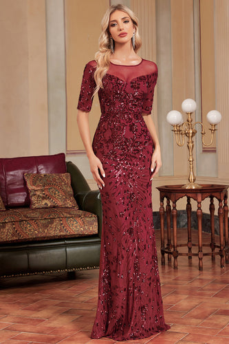 Burgundy Sparkly Formal Dress with Short Sleeves