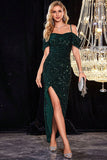 Sparkly Cold Shoudler Dark Green Sequins Porm Dress with Slit