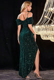 Sparkly Cold Shoudler Dark Green Sequins Porm Dress with Slit