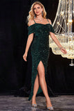 Sparkly Cold Shoudler Dark Green Sequins Porm Dress with Slit