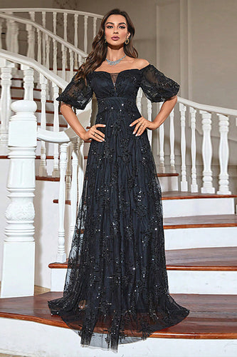 A-Line Puff Sleeves Black Prom Dress with Sequins