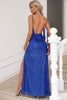 Load image into Gallery viewer, Sparkly Royal Blue Spaghetti Straps Prom Dress with Slit