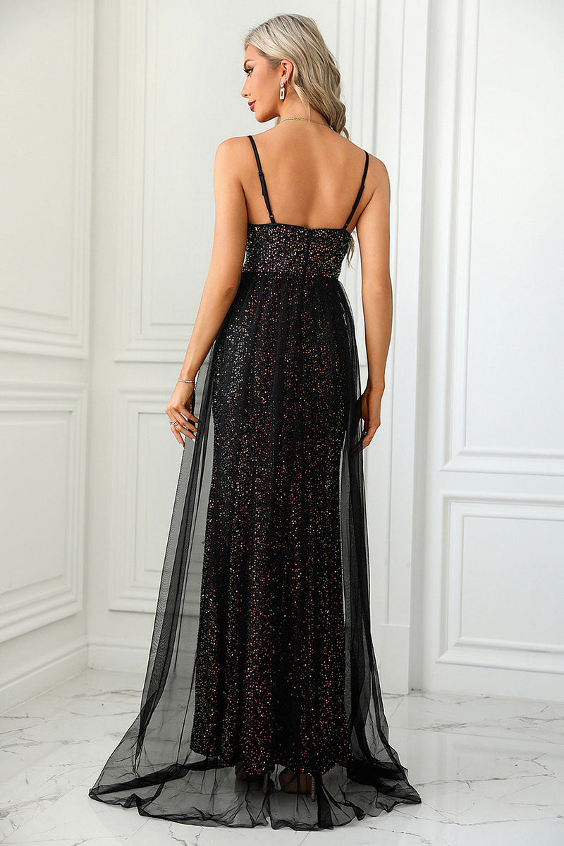 Load image into Gallery viewer, Black Sequins Prom Dress with Slit