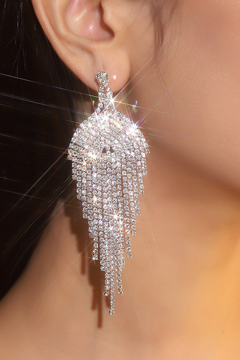 Load image into Gallery viewer, Glitter Silver Tassel Rhinestone Dangle Earrings