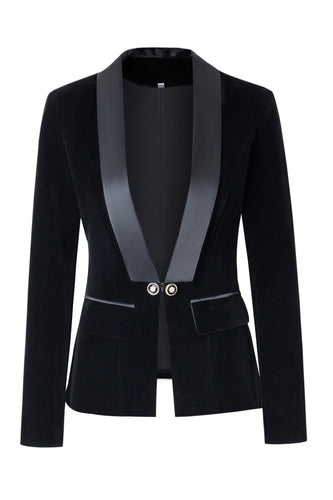 Black Slim Fit Buttoned Velvet Women Blazer