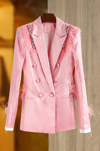 Glitter Pink Women Blazer with Feathers