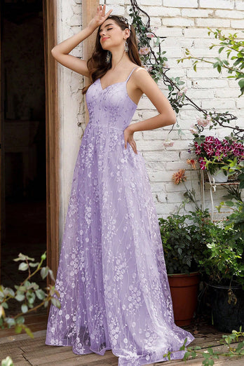 Lilac Spaghetti Straps A Line Lace Prom Dress