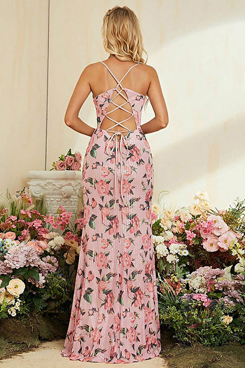 Load image into Gallery viewer, Sheath Flower Printed Blush Wedding Party Dress with Slit
