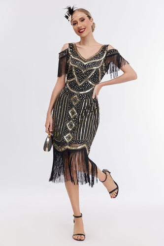 Black Golden Cold Shoulder Fringes 1920s Gatsby Dress