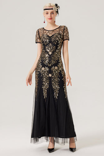 Black Golden Sequins Long 1920s Dress with Short Sleeves