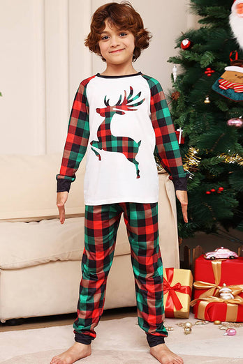Green and Red Grid Deer Christmas Family Matching Pajamas Set