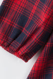 Family Matching Outfits Dark Red Plaid Bowknot Dresses and Long Sleeves T-Shirt