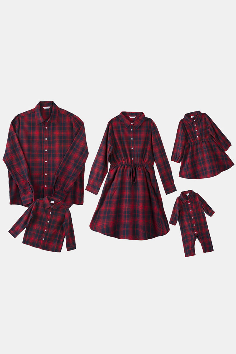 Load image into Gallery viewer, Family Matching Outfits Dark Red Plaid Bowknot Dresses and Long Sleeves T-Shirt