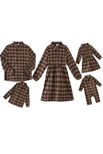 Family Matching Outfits Brown Plaid Bowknot Dresses and Long Sleeves T-Shirt