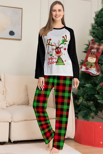 Christmas Family Black White Deer Printed Plaid Pajamas Set