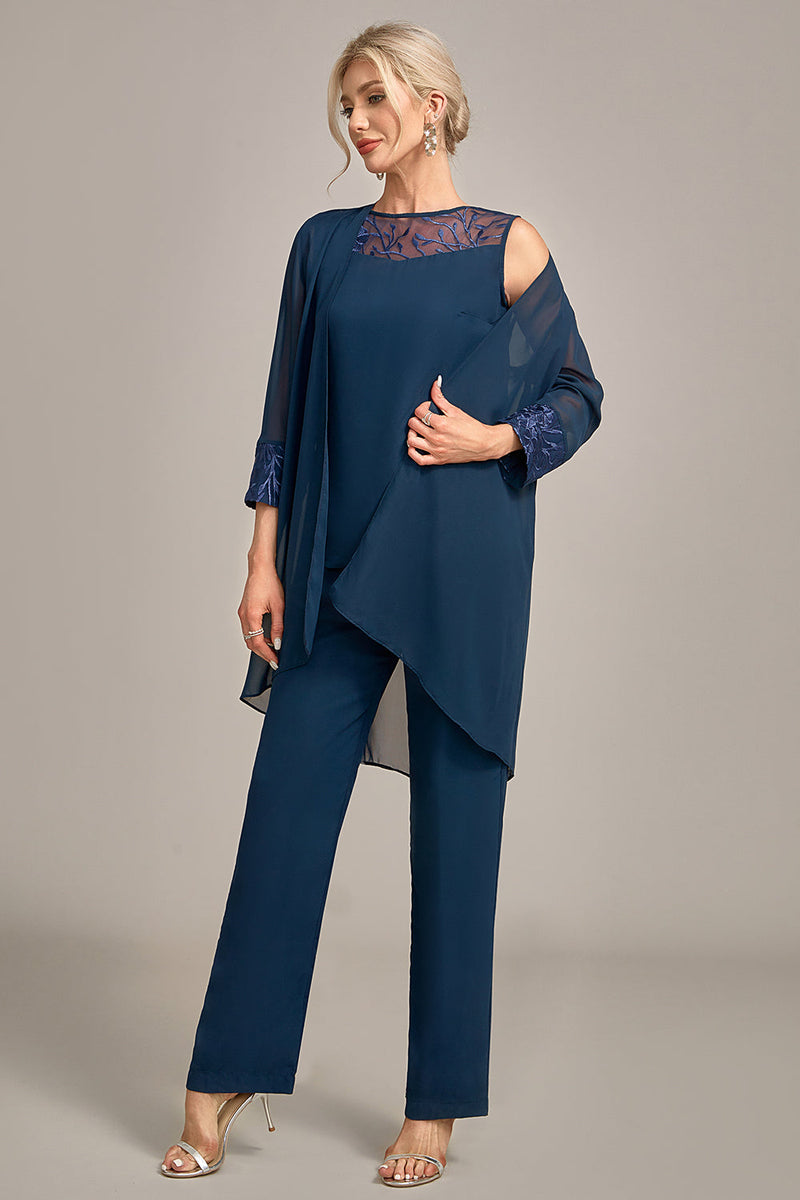 Load image into Gallery viewer, Navy Long Sleeves 3 Pieces Mother of the Bride Pant Suits