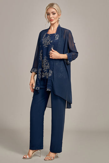 Navy 3 Piece Mother of the Bride Pant Suits with Appliques