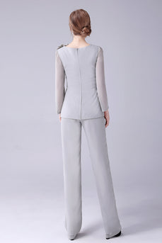 Silver 2 Pieces Chiffon Mother of the Bride Pant Suits