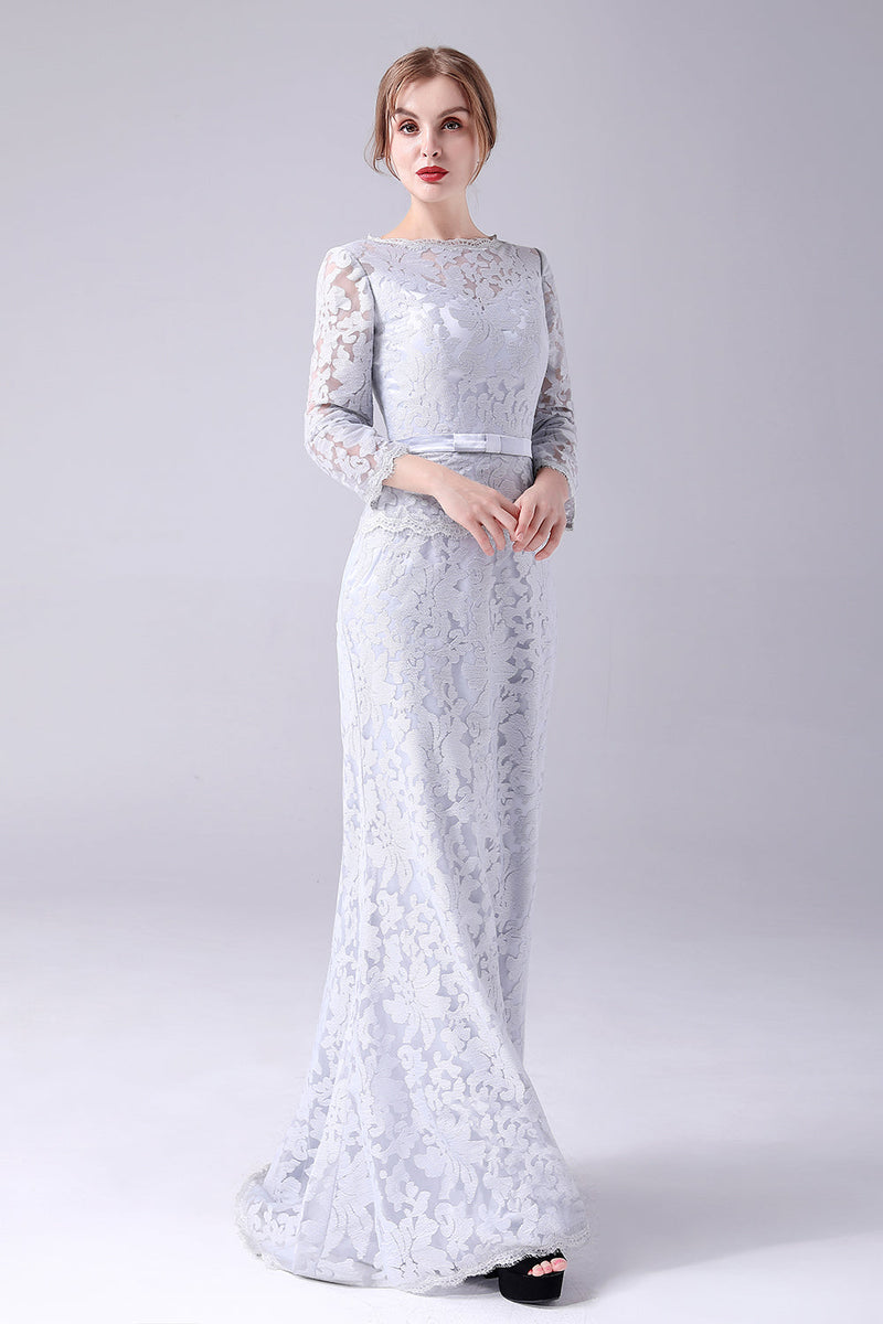 Load image into Gallery viewer, Silver Lace Sheath Long Sleeves Floor Length Mother of the Bride Dress