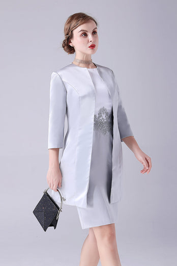 Silver Sheath Knee Length Mother of the Bride Dress With Coat