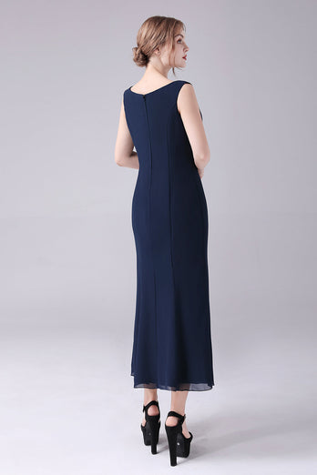 Navy Boat Neck A-line 2 Pieces Mother of the Bride Dress