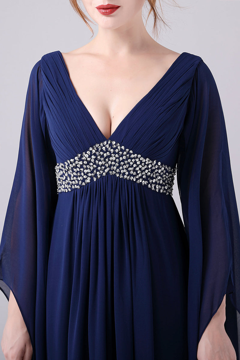 Load image into Gallery viewer, Navy A-Line V-Neck Chiffon Floor-Length Mother Of the Bride Dress With Pleated