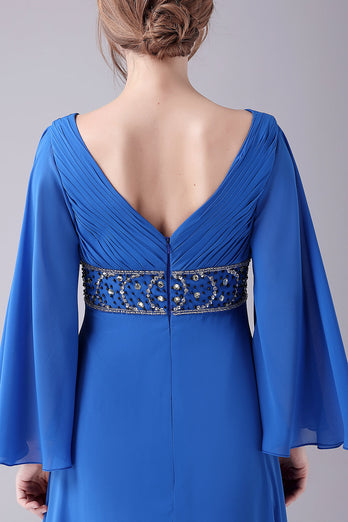 Royal Blue A-Line V-Neck Pleated Floor-Length Mother Of the Bride Dress With Beading