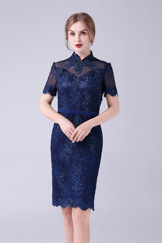 Navy Mermaid Beaded Knee-Length Mother Of the Bride Dress With Appliques