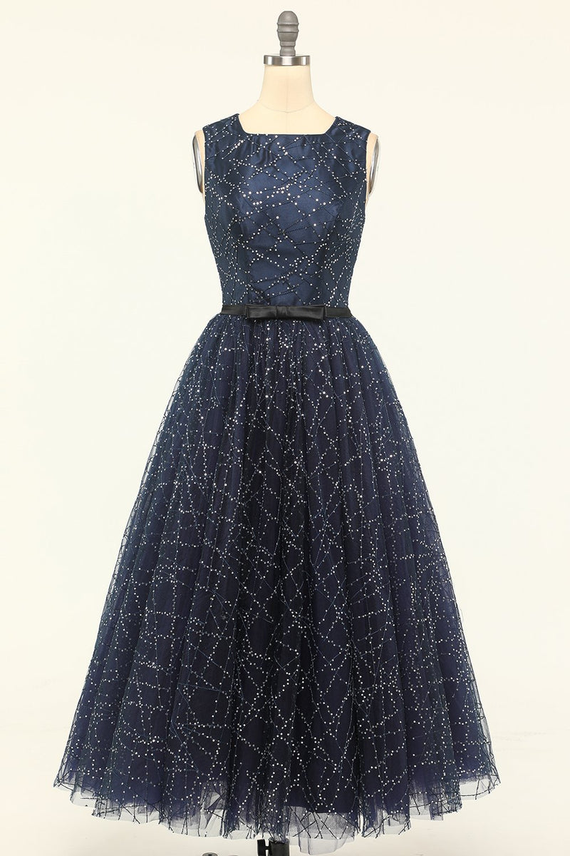 Load image into Gallery viewer, Glitter Navy Tulle Prom Dress