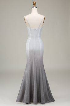 Grey Mermaid Sparkly Prom Dress with Pleated