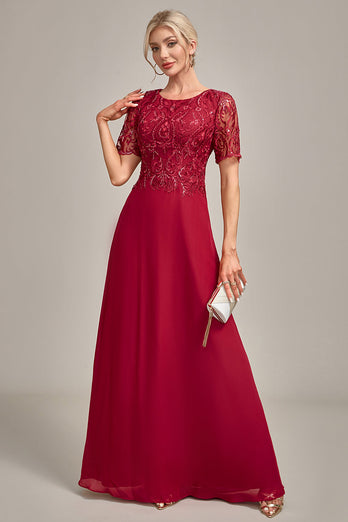 Burgundy A Line Round Neck Sequin Mother of Bride Dress With Appliques