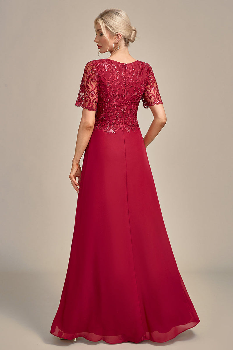 Load image into Gallery viewer, Burgundy A Line Round Neck Sequin Mother of Bride Dress With Appliques