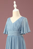 Load image into Gallery viewer, A-line Chiffon V-neck Floor Length Short Sleeves Junior Bridesmaid Dress