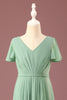Load image into Gallery viewer, Long Matcha A-line Chiffon V-neck Short Sleeves Junior Bridesmaid Dress