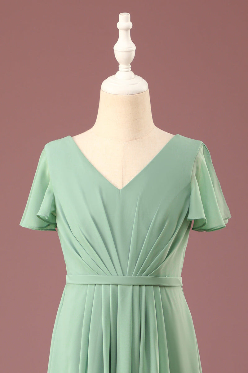 Load image into Gallery viewer, Long Matcha A-line Chiffon V-neck Short Sleeves Junior Bridesmaid Dress