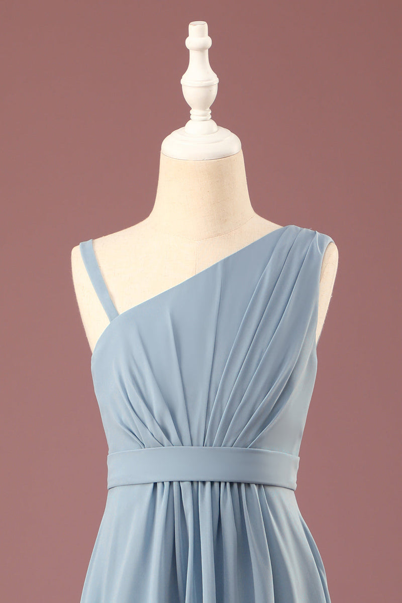 Load image into Gallery viewer, Dusty Blue One Shoulder A-line Chiffon Pleated Floor Length Junior Bridesmaid Dress