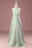Matcha Satin A-line Halter Sleeveless Long Junior Bridesmaid Dress